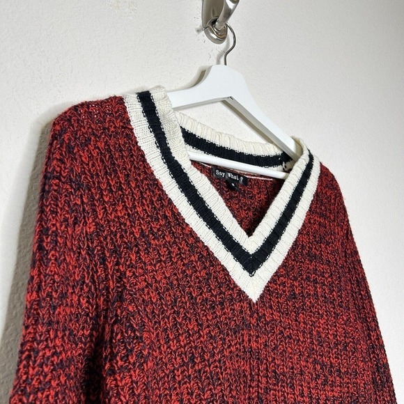 Say What? Red Cream and Black V-neck Varsity Sweater M - Picture 3 of 9